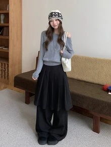 DAZY Women's Pleated 2 In 1 Casual Solid Color Korean Style Loose Fit Long Pants Fall - Black - View 3