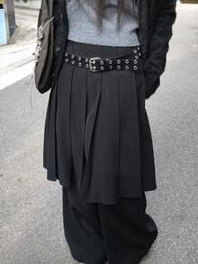 DAZY Women's Pleated 2 In 1 Casual Solid Color Korean Style Loose Fit Long Pants Fall - Black - View 1