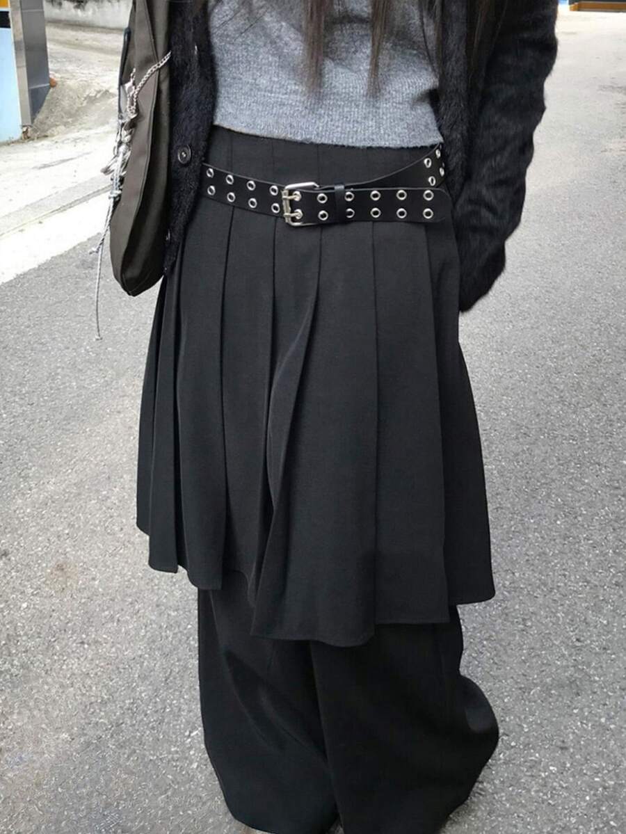 DAZY Women's Pleated 2 In 1 Casual Solid Color Korean Style Loose Fit Long Pants Fall - Black - View 1