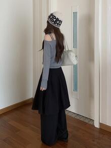 DAZY Women's Pleated 2 In 1 Casual Solid Color Korean Style Loose Fit Long Pants Fall - Black - View 2
