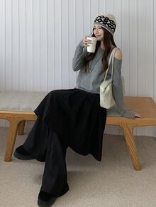 DAZY Women's Pleated 2 In 1 Casual Solid Color Korean Style Loose Fit Long Pants Fall - Black - View 4