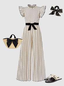 SHEIN Teen Girls Polka Dot Pleated Jumpsuit, Leisure, Flared, Elegant, Wide, Ruched, Leggings, Gym, Yoga, Casual, Y2K - Apricot - View 5