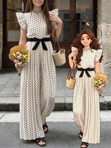 SHEIN Teen Girls Polka Dot Pleated Jumpsuit, Leisure, Flared, Elegant, Wide, Ruched, Leggings, Gym, Yoga, Casual, Y2K - Apricot - View 9