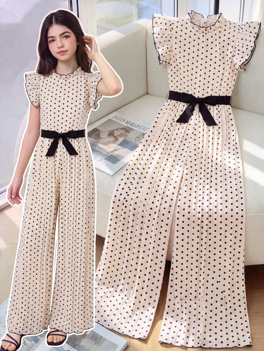 SHEIN Teen Girls Polka Dot Pleated Jumpsuit, Leisure, Flared, Elegant, Wide, Ruched, Leggings, Gym, Yoga, Casual, Y2K - Apricot - View 1