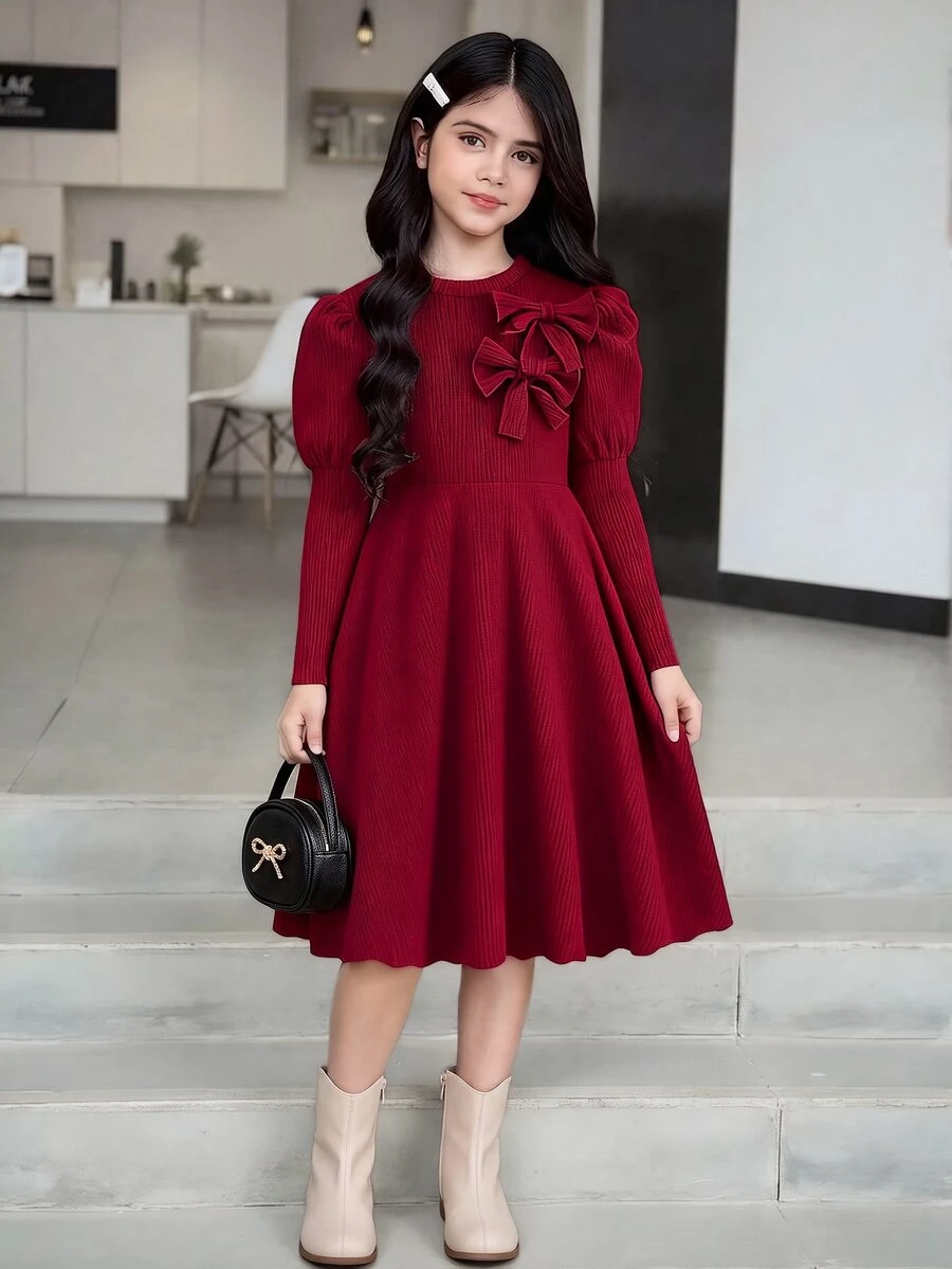 SHEIN 青少年女孩紅色長袖返校舞會禮服萬聖節套裝秋季風格美式秋冬款 - 酒紅色 - 查看 1