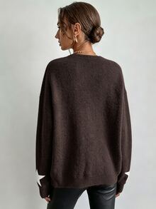 SHEIN 落肩星星圖案針織毛衣，長袖上衣套頭衫，秋冬款 - 咖啡棕 - 查看 2