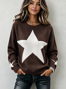 SHEIN 落肩星星圖案針織毛衣，長袖上衣套頭衫，秋冬款 - 咖啡棕 - 查看 8