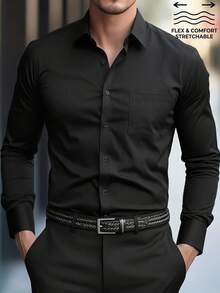 Manfinity Mode Men's Black Autumn All-Match Business Single-Breasted Side Pocket Elegant Long Sleeve Shirt Formal Old Money Style , Ceremony Style For Commuting - Black - View 2