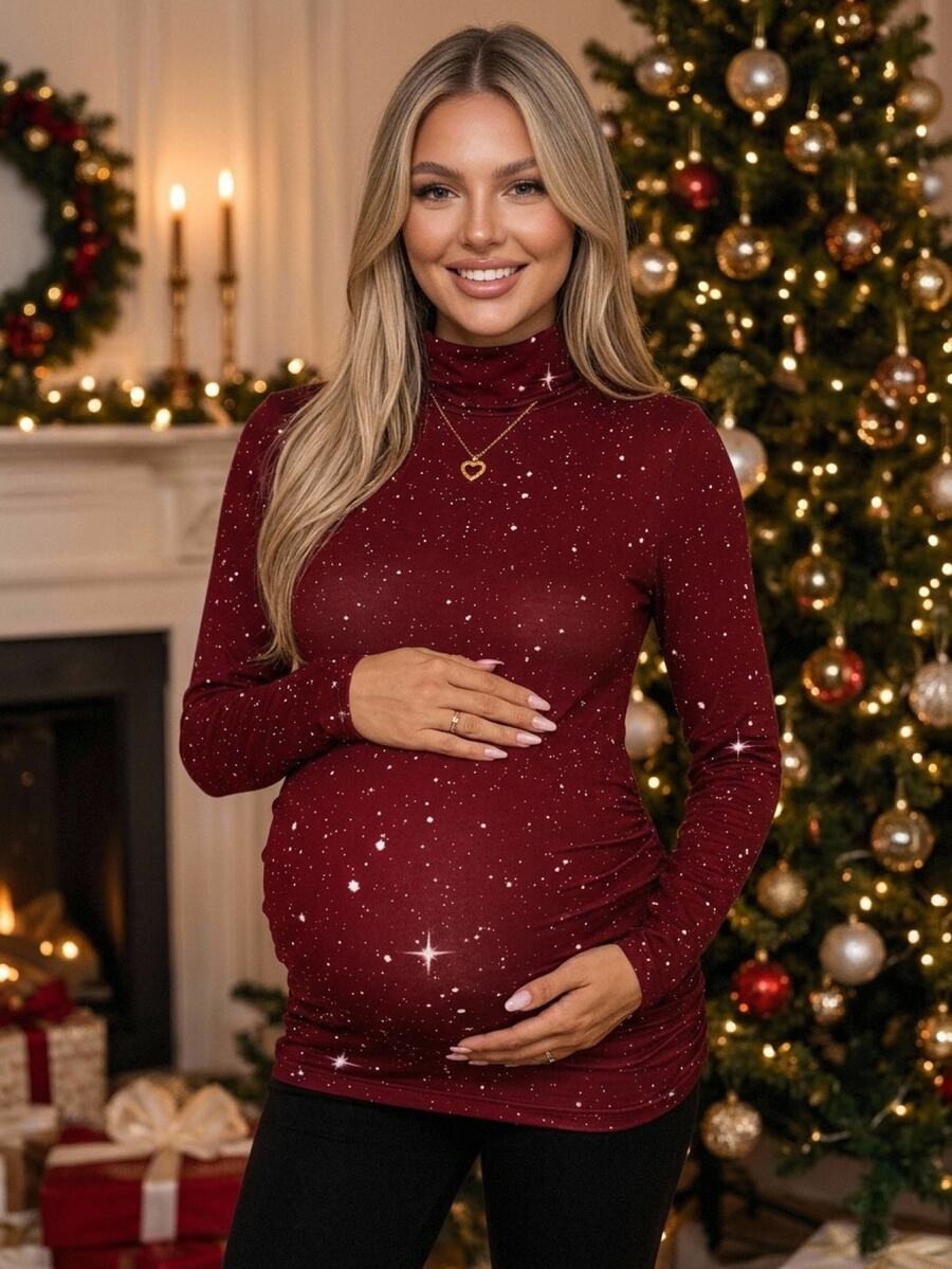 SHEIN Maternity Elegant Shiny High Neck Fitted T-Shirt For Autumn/Winter Fall New Year Clothes Christmas Outfit Festival Outfits For Women - Red - View 1