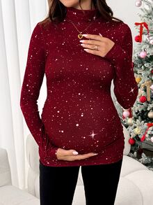 SHEIN Maternity Elegant Shiny High Neck Fitted T-Shirt For Autumn/Winter Fall New Year Clothes Christmas Outfit Festival Outfits For Women - Red - View 5
