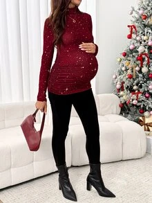 SHEIN Maternity Elegant Shiny High Neck Fitted T-Shirt For Autumn/Winter Fall New Year Clothes Christmas Outfit Festival Outfits For Women - Red - View 6