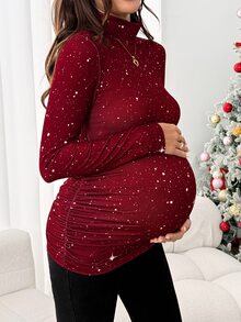 SHEIN Maternity Elegant Shiny High Neck Fitted T-Shirt For Autumn/Winter Fall New Year Clothes Christmas Outfit Festival Outfits For Women - Red - View 3