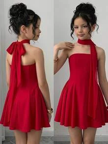SHEIN Tween Girl Red Princess Strapless Dress With Ribbon, Suitable For New Year Party, Birthday Party, Valentine's Day, Halloween, Christmas, Wedding, Daily Wear - Red - View 2