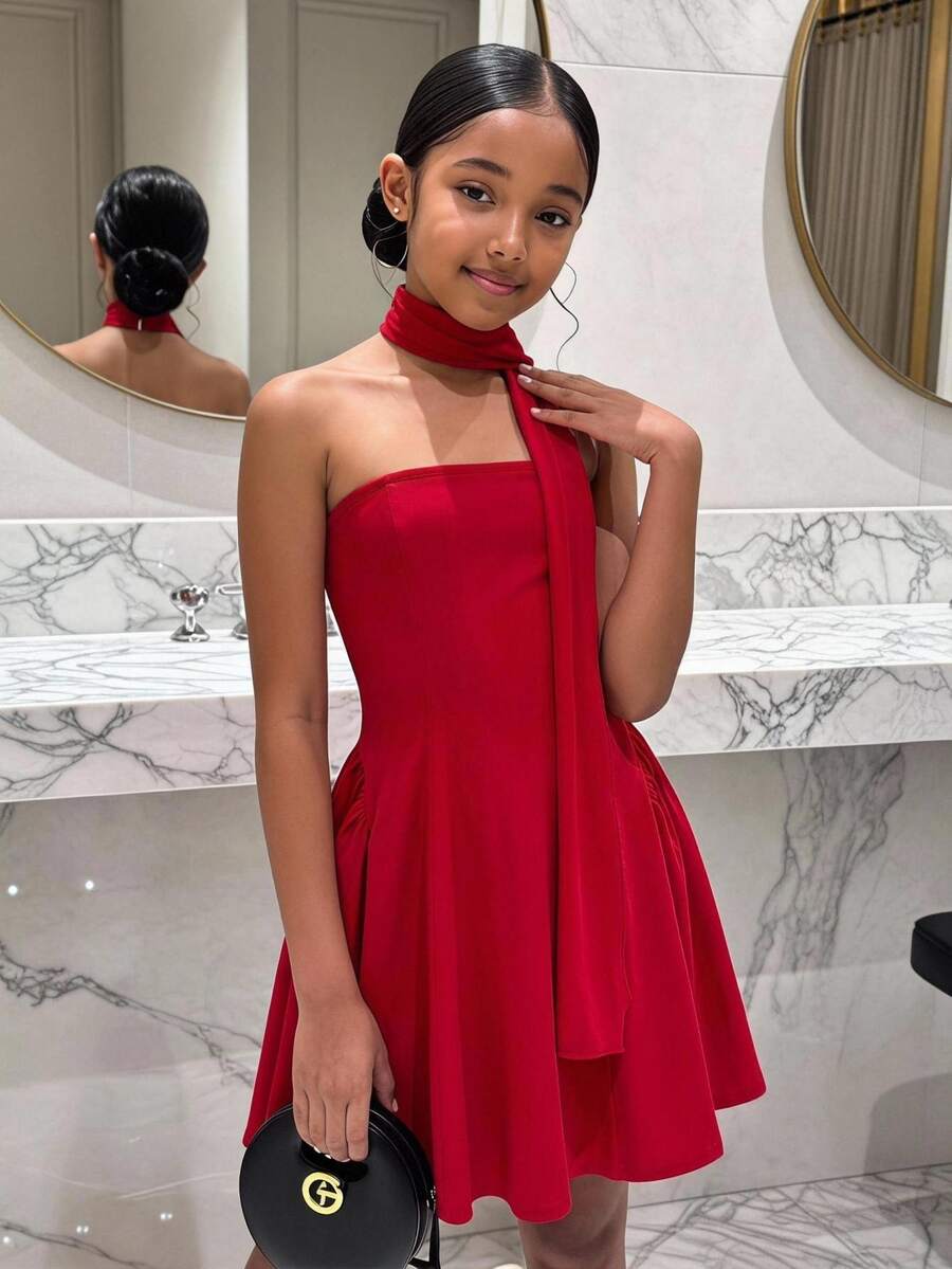 SHEIN Tween Girl Red Princess Strapless Dress With Ribbon, Suitable For New Year Party, Birthday Party, Valentine's Day, Halloween, Christmas, Wedding, Daily Wear - Red - View 1