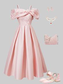SHEIN Teen Girls Ruched Bowknot Off-Shoulder Fit & Flare Mini Dress, Pink Party, Elegant, Graduation, Outfits - Pink - View 5