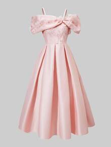 SHEIN Teen Girls Ruched Bowknot Off-Shoulder Fit & Flare Mini Dress, Pink Party, Elegant, Graduation, Outfits - Pink - View 7