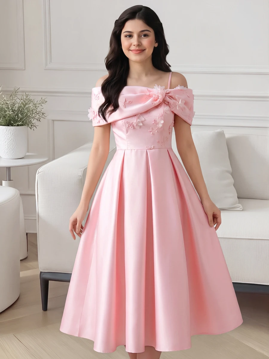 SHEIN Teen Girls Ruched Bowknot Off-Shoulder Fit & Flare Mini Dress, Pink Party, Elegant, Graduation, Outfits - Pink - View 1