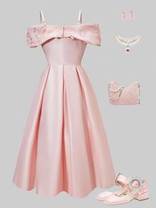 SHEIN Teen Girls Ruched Bowknot Off-Shoulder Fit & Flare Mini Dress, Pink Party, Elegant, Graduation, Outfits - Pink - View 2