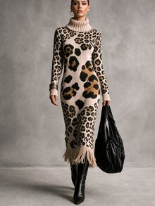SHEIN Turtleneck Leopard Print Knit Dress, Women Long Sleeve Bodycon Midi Sweater Dress With Fringe Hem - Multicolor - View 6