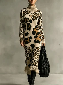 SHEIN Turtleneck Leopard Print Knit Dress, Women Long Sleeve Bodycon Midi Sweater Dress With Fringe Hem - Multicolor - View 7