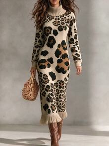 SHEIN Turtleneck Leopard Print Knit Dress, Women Long Sleeve Bodycon Midi Sweater Dress With Fringe Hem - Multicolor - View 1