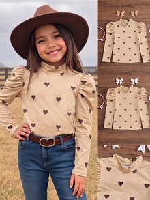 Young Girl Heart Print Kids Casual Gigot Sleeve T-Shirt - Multicolor - View 1