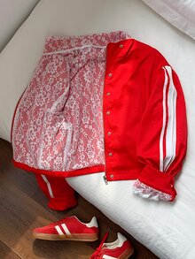 Comfortcana 女款側條紋單排扣休閒夾克，附蕾絲內裡 - 紅色 - 查看 8