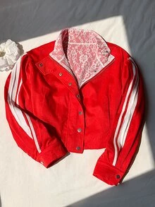 Comfortcana 女款側條紋單排扣休閒夾克，附蕾絲內裡 - 紅色 - 查看 5