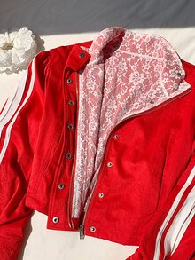 Comfortcana 女款側條紋單排扣休閒夾克，附蕾絲內裡 - 紅色 - 查看 10
