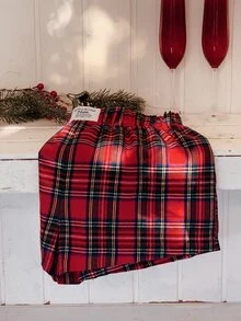 Comfortcana Women's Casual Elastic Waistband Label Design Plaid Shorts - Red - View 5