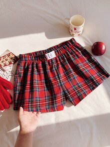 Comfortcana Women's Casual Elastic Waistband Label Design Plaid Shorts - Red - View 3