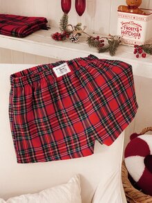 Comfortcana Women's Casual Elastic Waistband Label Design Plaid Shorts - Red - View 10