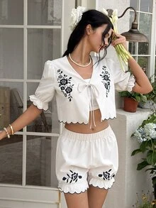Cévolie Women's Floral Print Top And Shorts Casual Daily Outfit Set - Apricot - View 4