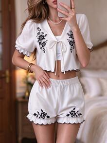 Cévolie Women's Floral Print Top And Shorts Casual Daily Outfit Set - Apricot - View 6