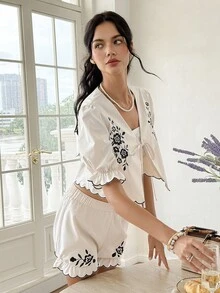 Cévolie Women's Floral Print Top And Shorts Casual Daily Outfit Set - Apricot - View 5