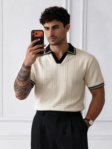 HUEFORM Men's Autumn/Winter Striped Short Sleeve Polo Shirt, Mature, Business, Old Money Style - Apricot - View 5