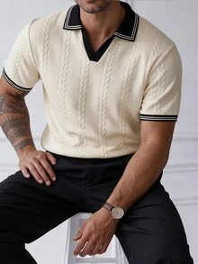 HUEFORM Men's Autumn/Winter Striped Short Sleeve Polo Shirt, Mature, Business, Old Money Style - Apricot - View 4