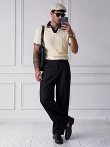 HUEFORM Men's Autumn/Winter Striped Short Sleeve Polo Shirt, Mature, Business, Old Money Style - Apricot - View 2