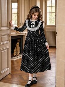 SHEIN Tween Girl White Lace Homecoming Dress Girls Clothes 8 To 12 Years Halloween Outfit Fall Style - Black - View 4