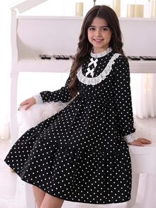 SHEIN Tween Girl White Lace Homecoming Dress Girls Clothes 8 To 12 Years Halloween Outfit Fall Style - Black - View 1