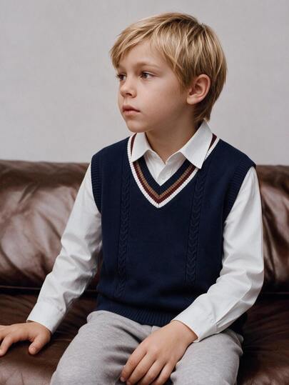 PrepCrw Young Boy Striped Trim V-Neck Sweater Vest,In Fall/Winter