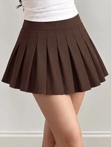 SHEIN Tween Girl Plain Color Ruched Short Casual Cute Elegant Preppy Skirt,Holiday,Fall,Travel School Dark Brown School - Brown - View 1
