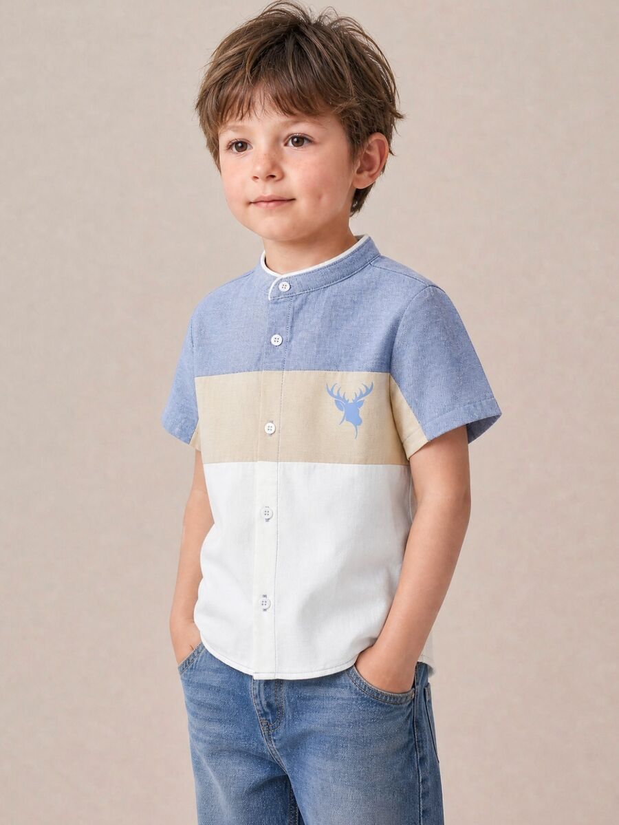 SHEIN Kaos Anak Muda Tombol Depan Hewan Blok Warna Dinosaur Casual - Biru - View 1