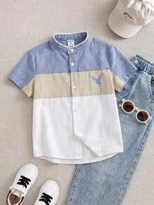 SHEIN Kaos Anak Muda Tombol Depan Hewan Blok Warna Dinosaur Casual - Biru - View 2