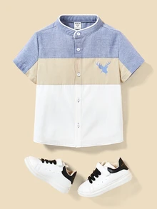 SHEIN Kaos Anak Muda Tombol Depan Hewan Blok Warna Dinosaur Casual - Biru - View 3