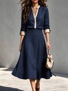 Trelyra Women's Colorblock Casual Daily Vacation Summer Dress,Fall Dresses ,Autumn,Half-Open Collar, Adjustable Cuffs Long-Sleeve Navy Blue Dress, Dress - Navy Blue - View 4