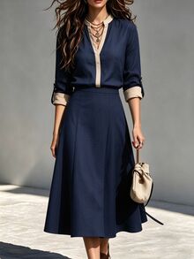 Trelyra Women's Colorblock Casual Daily Vacation Summer Dress,Fall Dresses ,Autumn,Half-Open Collar, Adjustable Cuffs Long-Sleeve Navy Blue Dress, Dress - Navy Blue - View 6