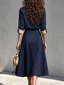 Trelyra Women's Colorblock Casual Daily Vacation Summer Dress,Fall Dresses ,Autumn,Half-Open Collar, Adjustable Cuffs Long-Sleeve Navy Blue Dress, Dress - Navy Blue - View 3