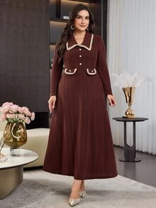 Modelyn Plus Size Women's Colorblock Casual Party & Travel Dress - Coffee Brown - View 7