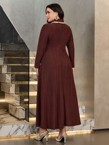 Modelyn Plus Size Women's Colorblock Casual Party & Travel Dress - Coffee Brown - View 2